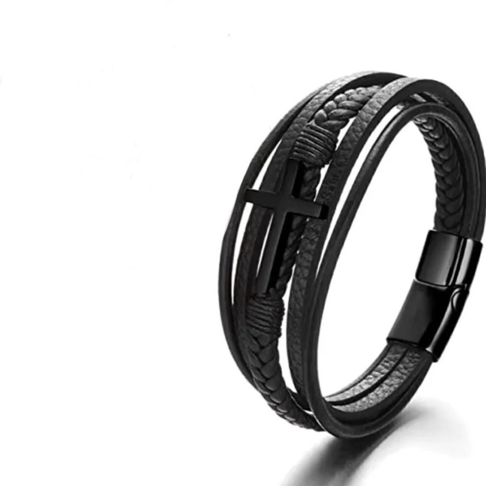 NEW - Black cross on multi layered leather bracelet, titanium steel clasp